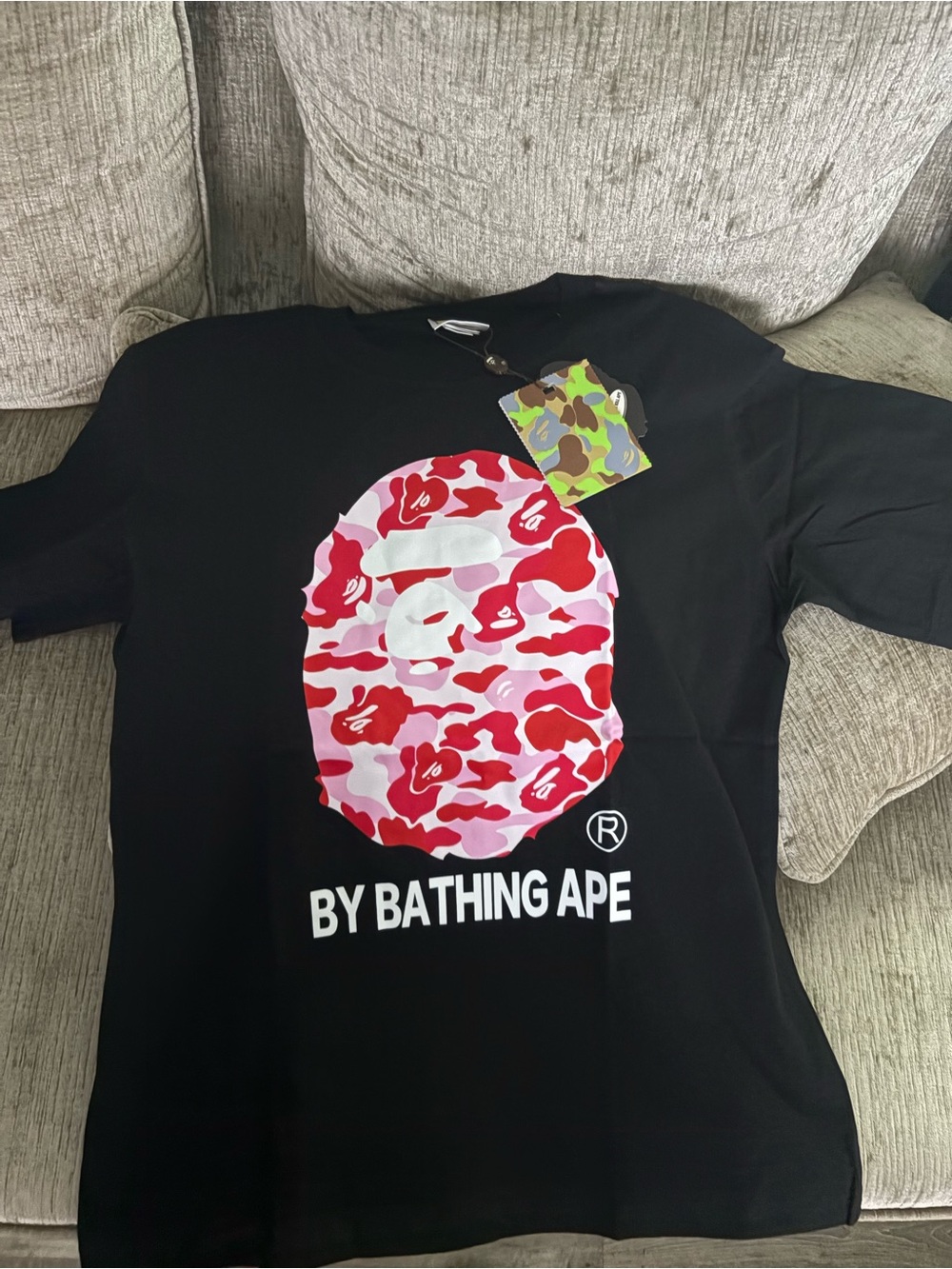 Bape Black Tee with Red & Pink Camo Ape Head